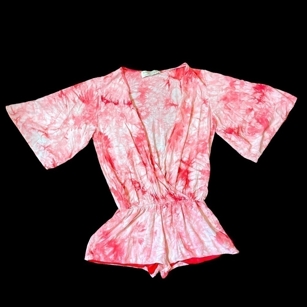 Vintage Havana Kimono Style Dolman Sleeve Tye Dye Short Romper swimsuit coverup